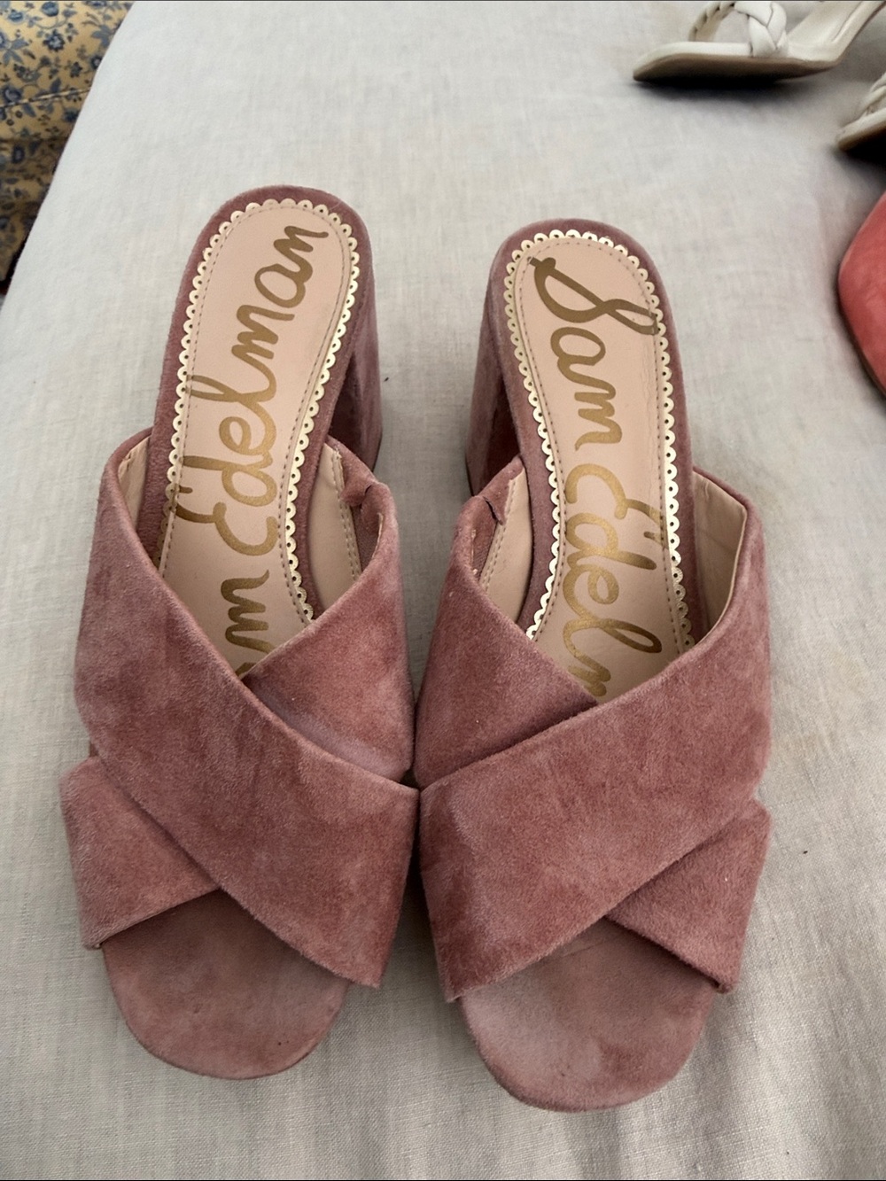 Sam Edelman Dusty Rose Suede Crisscross Block Heel Mules